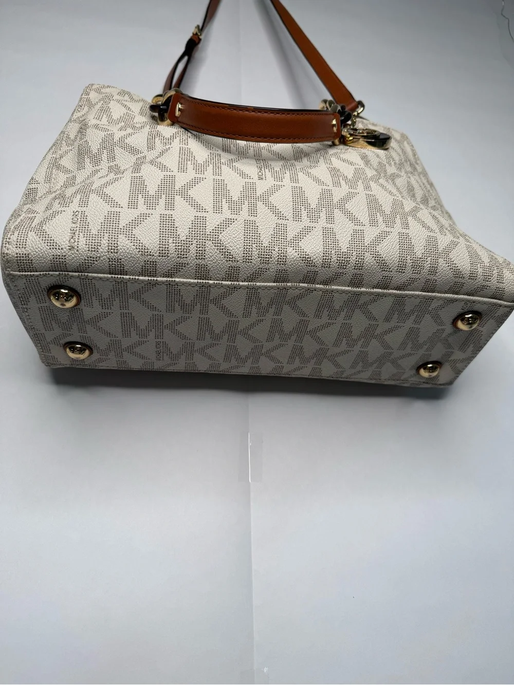 Michael Kors Cream Logo Tote with Brown Leather Straps